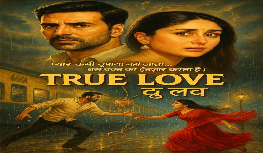 Create a dramatic Bollywood-style movie poster titled “TRUE LOVE”, featuring Akshay Kumar and Kareena Kapoor